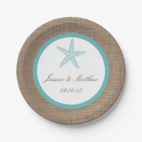 Turquoise Starfish Burlap Beach Wedding Collection Paper Plate
