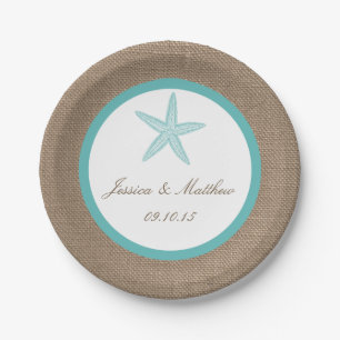 Turquoise Starfish Burlap Beach Wedding Collection Paper Plates