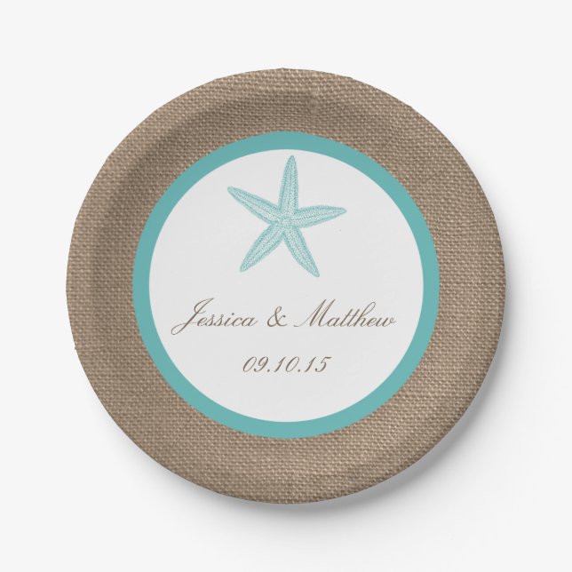 Turquoise Starfish Burlap Beach Wedding Collection Paper Plates (Front)