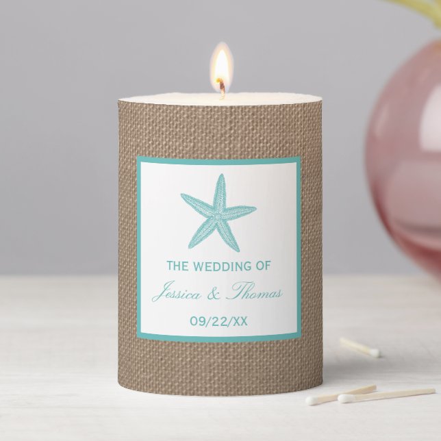 Turquoise Starfish Burlap Beach Wedding Collection Pillar Candle (In Situ)