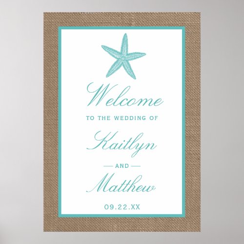Turquoise Starfish Burlap Beach Wedding Collection Poster