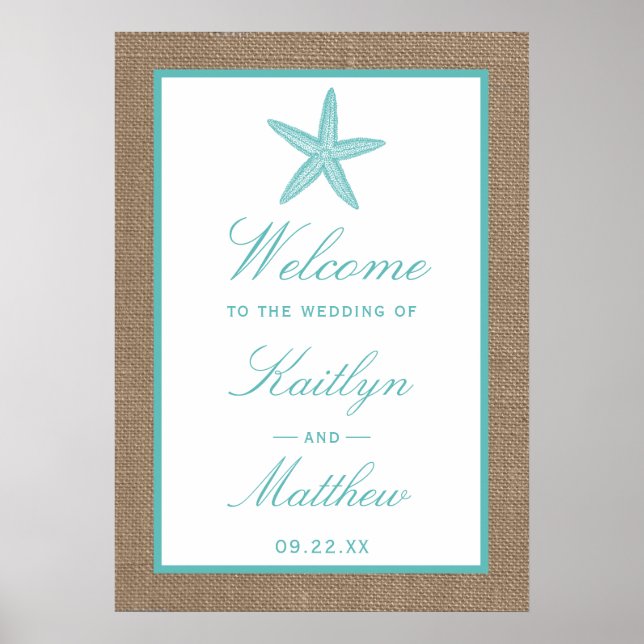 Turquoise Starfish Burlap Beach Wedding Collection Poster (Front)