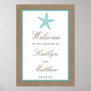 Turquoise Starfish Burlap Beach Wedding Collection Poster