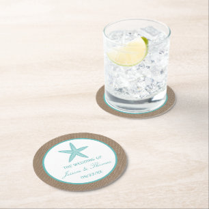 Turquoise Starfish Burlap Beach Wedding Collection Round Paper Coaster