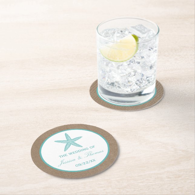 Turquoise Starfish Burlap Beach Wedding Collection Round Paper Coaster (Insitu)