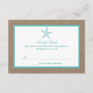 Turquoise Starfish Burlap Beach Wedding Collection RSVP Card