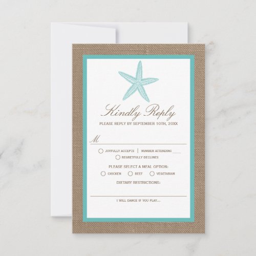 Turquoise Starfish Burlap Beach Wedding Collection RSVP Card