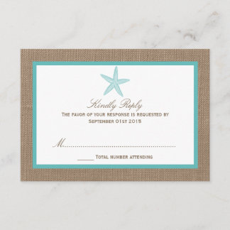 Turquoise Starfish Burlap Beach Wedding Collection RSVP Card