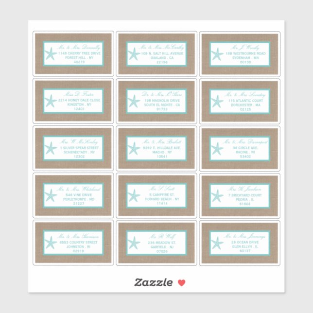 Turquoise Starfish Burlap Beach Wedding Collection Sticker (Sheet)