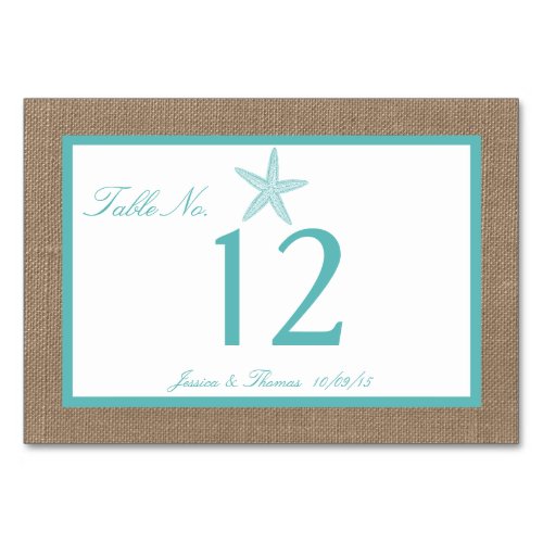 Turquoise Starfish Burlap Beach Wedding Collection Table Number