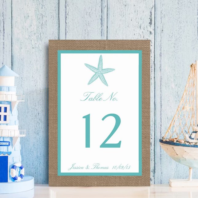 Turquoise Starfish Burlap Beach Wedding Collection Table Number (Creator Uploaded)