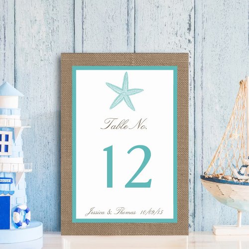 Turquoise Starfish Burlap Beach Wedding Collection Table Number