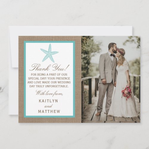 Turquoise Starfish Burlap Beach Wedding Collection Thank You Card