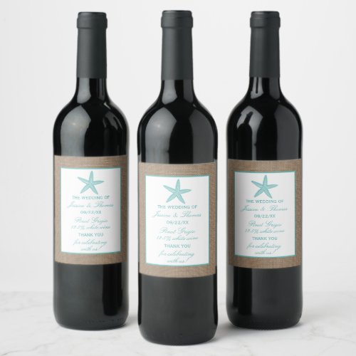 Turquoise Starfish Burlap Beach Wedding Collection Wine Label