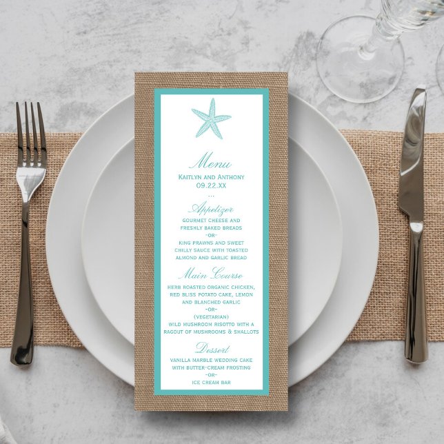 Turquoise Starfish Burlap Beach Wedding Menu (Creator Uploaded)