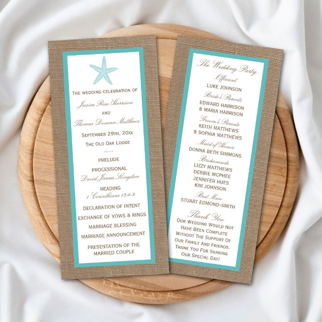 Turquoise Starfish Burlap Beach Wedding Program (Creator Uploaded)