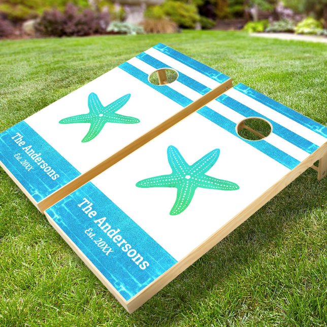 Turquoise starfish family beach house name coastal cornhole set (Creator Uploaded)