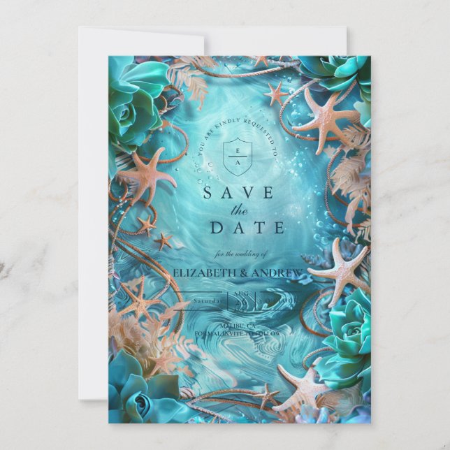 Turquoise Starfish Ocean Wedding Save The Date (Front)