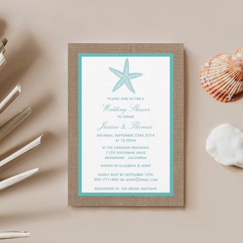 Turquoise Starfish On Burlap Beach Wedding Shower Invitation