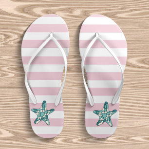 Turquoise Starfish Pink And White Stripes Kid's Flip Flops