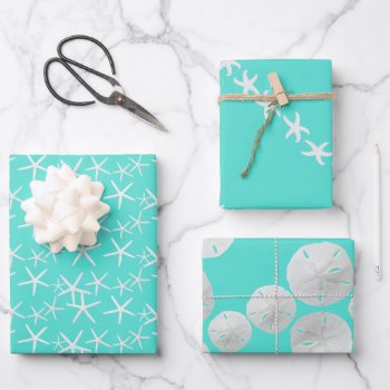 Turquoise Starfish Sand Dollars Wrapping Paper Sheets by millhill at Zazzle