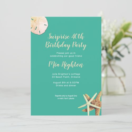 Turquoise Starfish Surprise Birthday Party Invitation