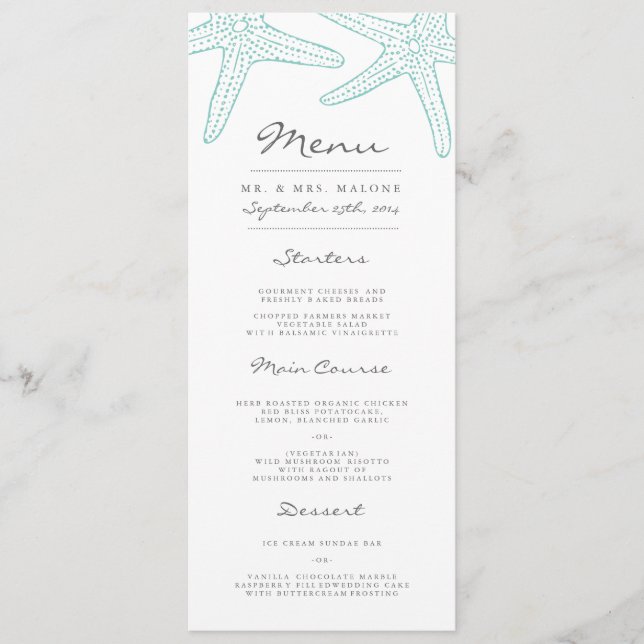 Turquoise Starfish Wedding Dinner Menu (Front)