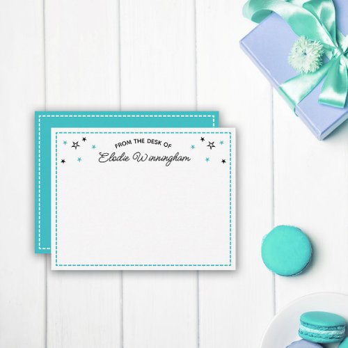 Turquoise Stars From The Desk Of Name In Script Note Card
