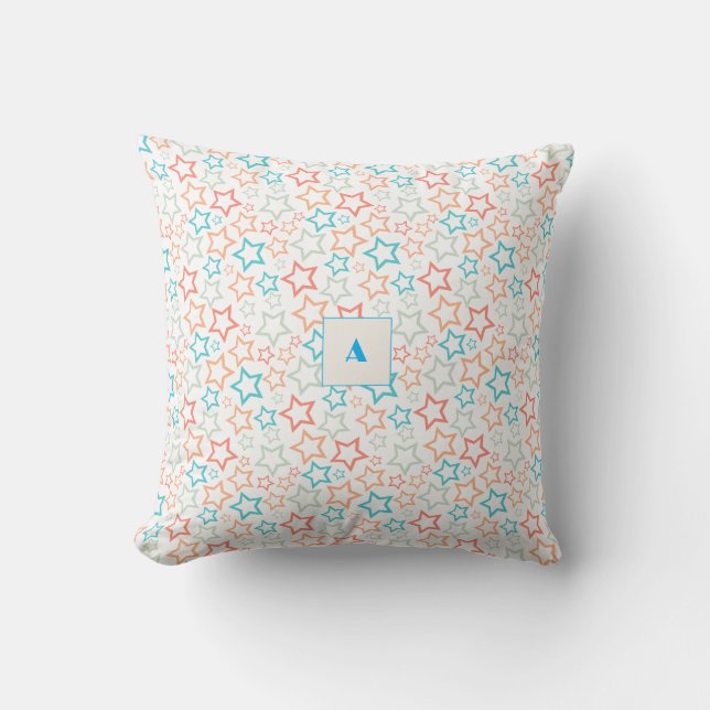 Turquoise stars pattern monogram throw pillow (Front)