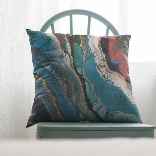 Turquoise Stone Look Gold Metallic Marble Throw Pillow (Creator Uploaded)