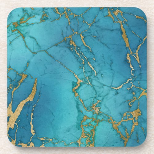 Turquoise Stone look Marble Gold Beverage Coaster
