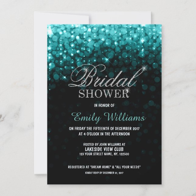 Turquoise string lights bokeh bridal shower invitation (Front)