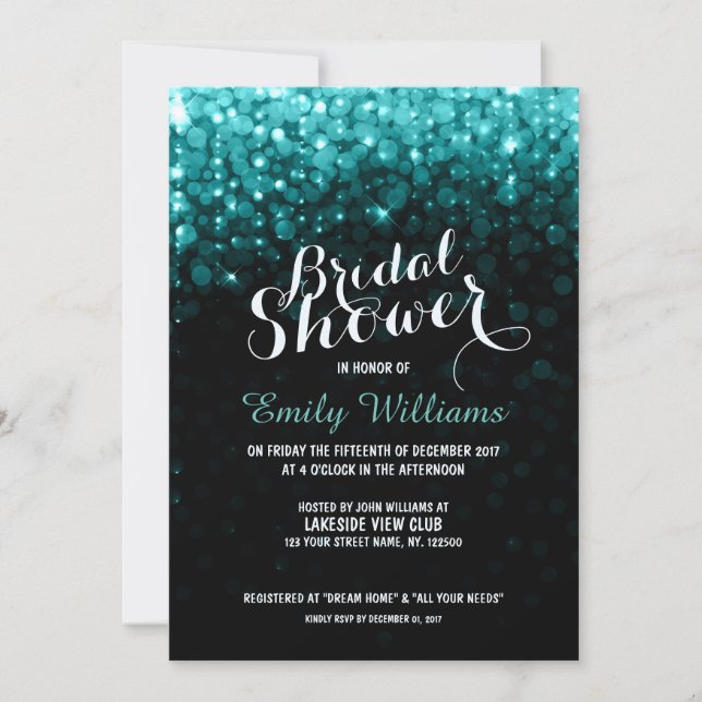 Turquoise string lights bokeh bridal shower invitation (Front)