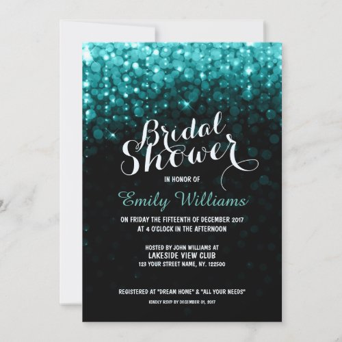 Turquoise string lights bokeh bridal shower invitation