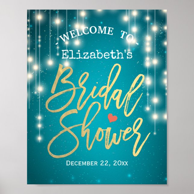 Turquoise String Lights Bridal Shower Welcome Sign (Front)