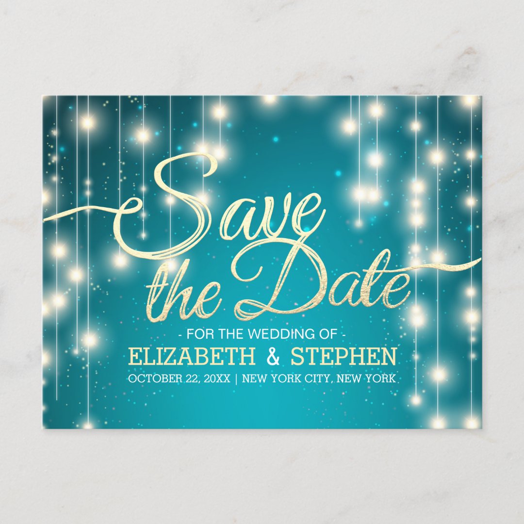 Turquoise String Lights Gold Script Save the Date Announcement Postcard ...