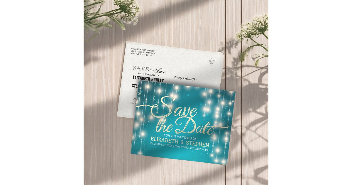 Turquoise String Lights Gold Script Save the Date Announcement Postcard ...