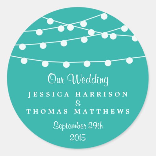 Turquoise String Lights Wedding Favor Classic Round Sticker
