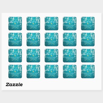 Turquoise String Lights Wedding Favor Thank You Square Sticker | Zazzle