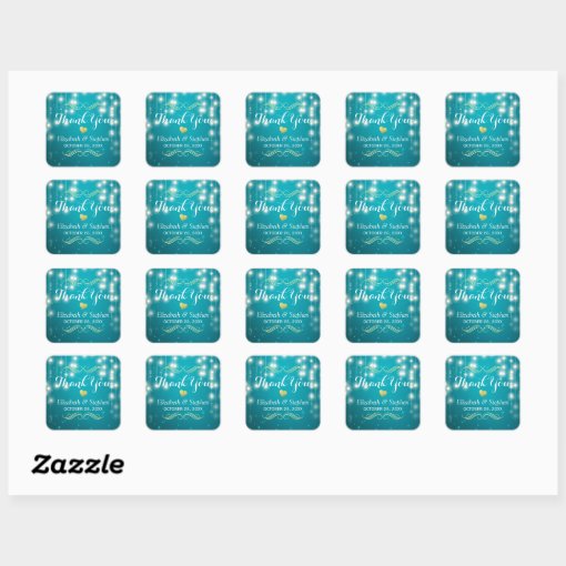 Turquoise String Lights Wedding Favor Thank You Square Sticker | Zazzle