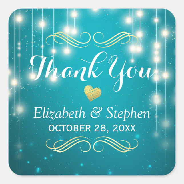Turquoise String Lights Wedding Favor Thank You Square Sticker | Zazzle