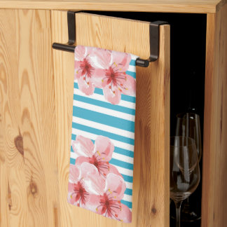 Turquoise Stripe Hibiscus Flower Kitchen Towel