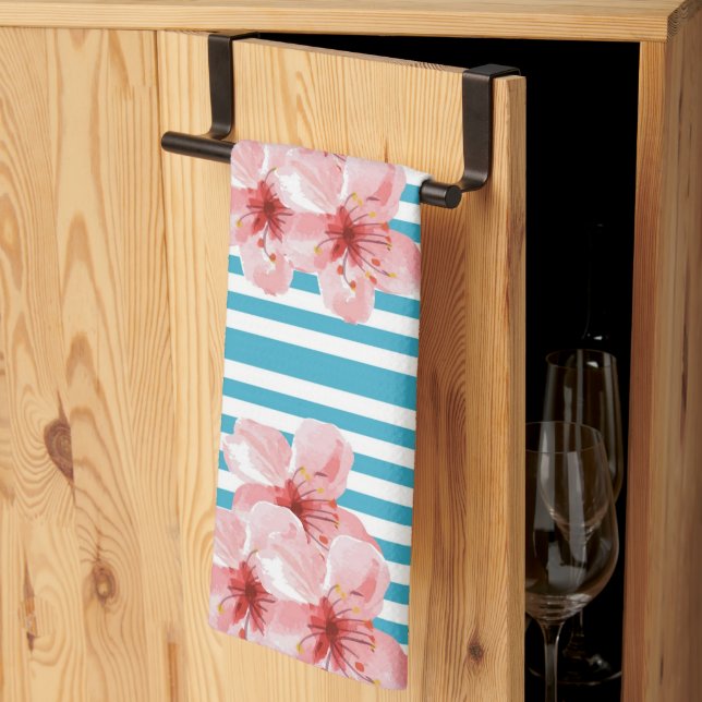 Turquoise Stripe Hibiscus Flower Kitchen Towel (Thirds Fold)
