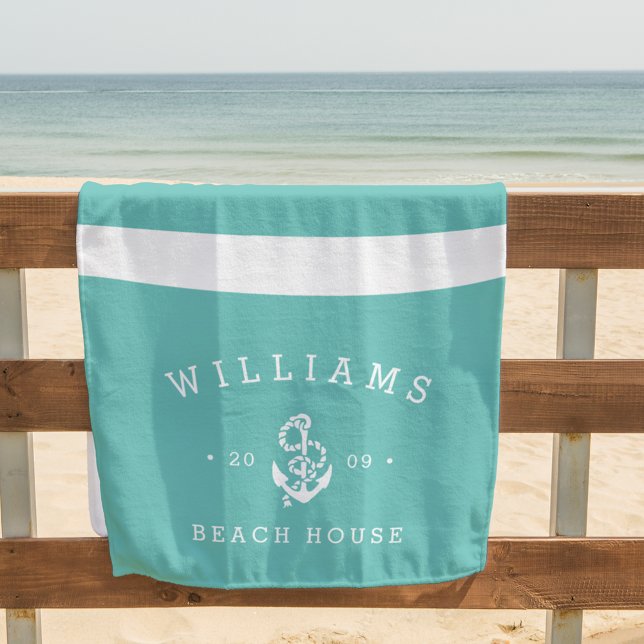 Turquoise Stripe Personalized Beach House Beach Towel (Creator Uploaded)