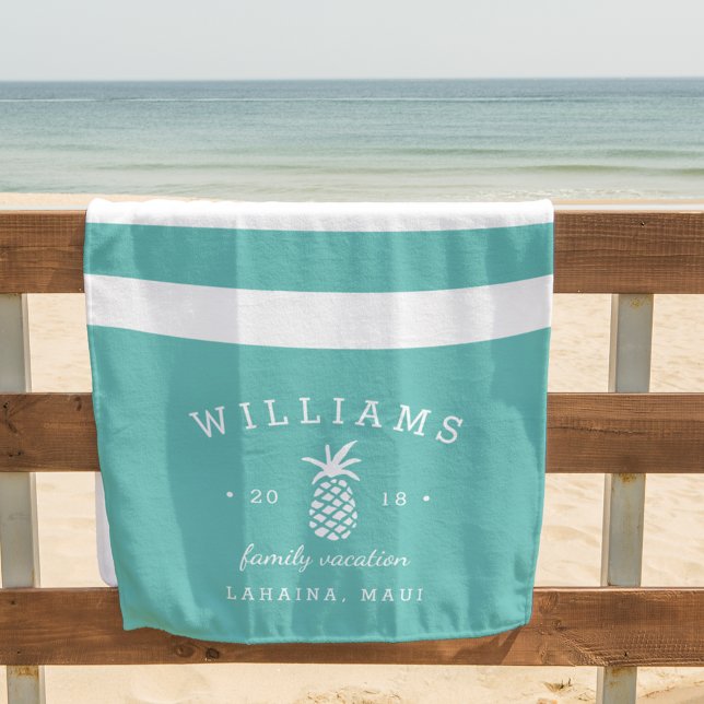 Turquoise Stripe Personalized Family Vacation Beach Towel (Creator Uploaded)