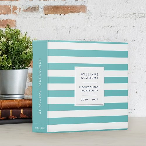 Turquoise Stripe Personalized Homeschool Portfolio 3 Ring Binder