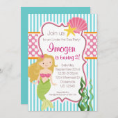 Turquoise Stripe, Pink Polka Dot Blonde Mermaid Invitation (Front/Back)