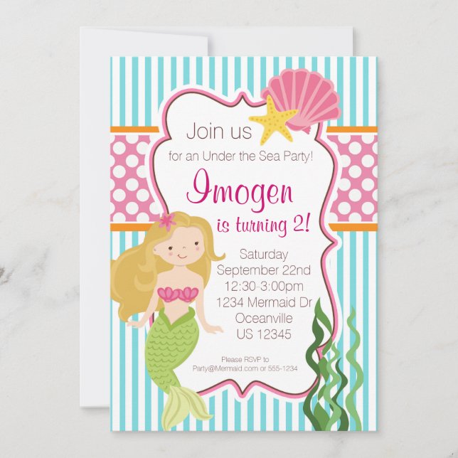 Turquoise Stripe, Pink Polka Dot Blonde Mermaid Invitation (Front)