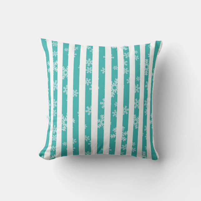 Turquoise Stripe Snowflake Christmas Pillow (Front)