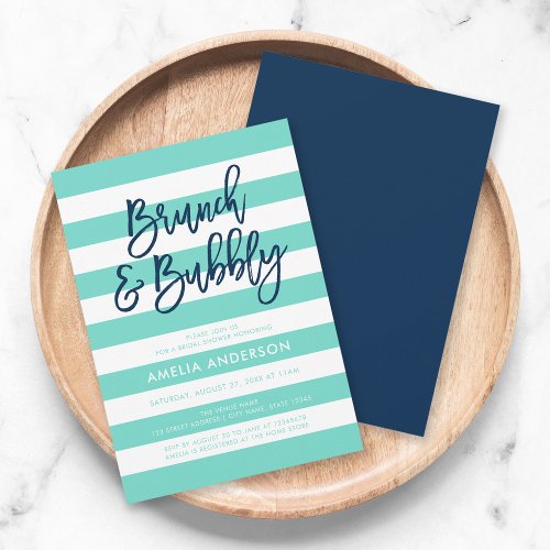 Turquoise Stripes Blue Brunch Bubbly Bridal Shower Invitation